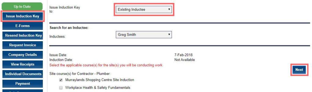issue Induction Key - contractor portal